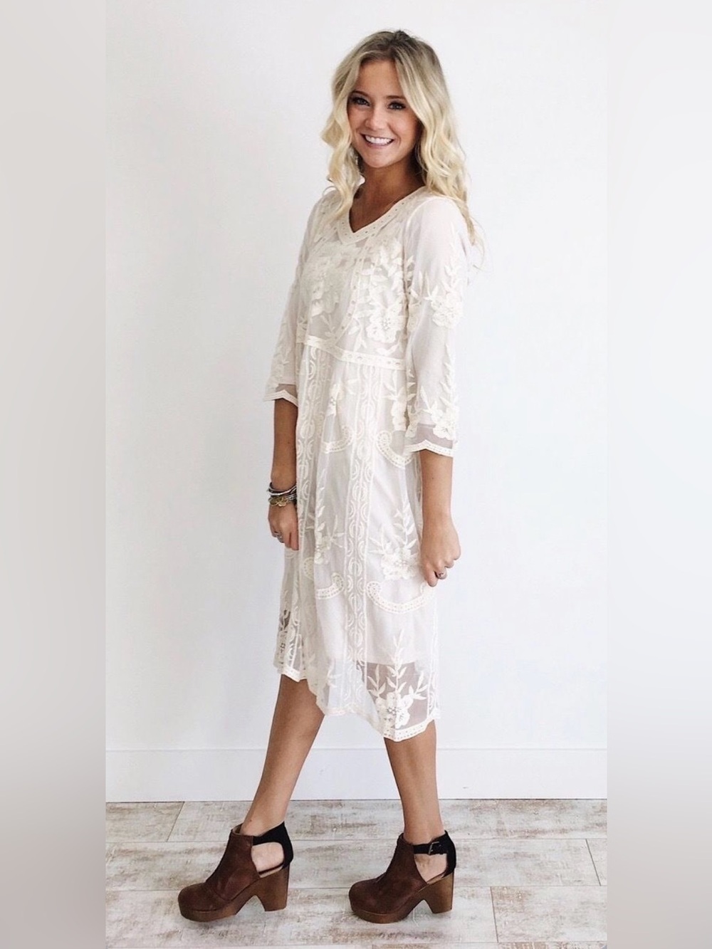 Roolee Boho White Lace-Embroidered Midi Dress S/M Bachelorette Modest Wedding